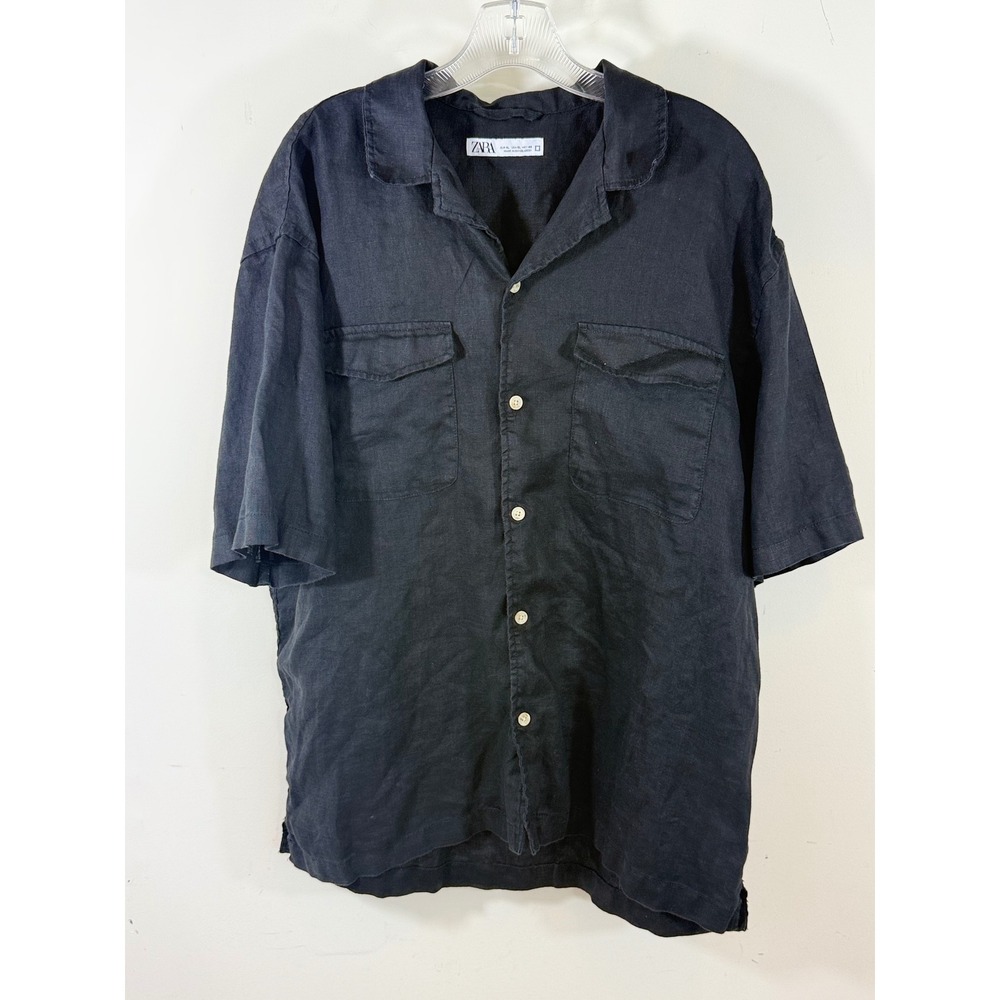 Zara 100% Linen Shirt Men's XL Black Short Sleeve Camp Collar Coastal Utility